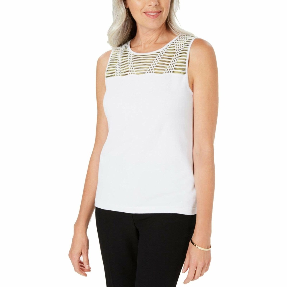 Kasper Womens Yoke Tank Top Jersey Embroidered Avocado Pullover White L $59 NWT